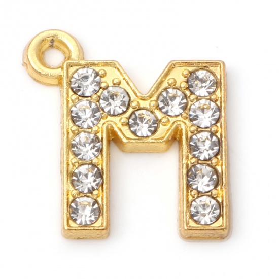 Picture of Zinc Based Alloy Micro Pave Charms Gold Plated Capital Alphabet/ Letter Message " M " Clear Rhinestone 17mm x 16mm, 10 PCs