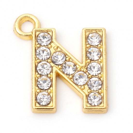 Picture of Zinc Based Alloy Micro Pave Charms Gold Plated Capital Alphabet/ Letter Message " N " Clear Rhinestone 17.5mm x 15mm, 10 PCs
