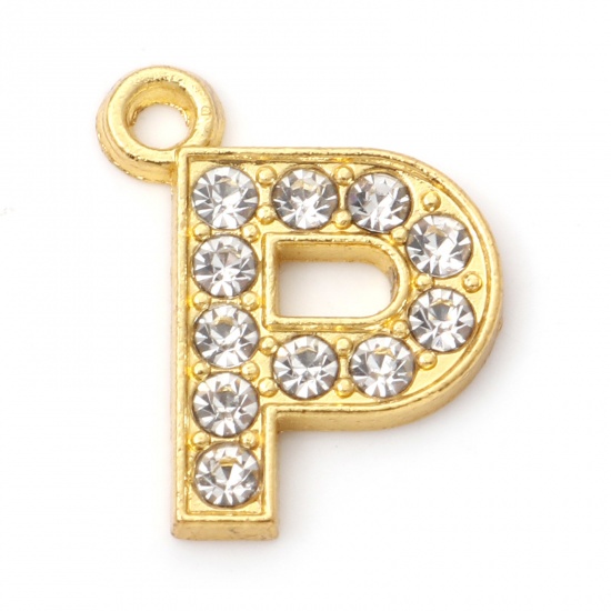 Picture of Zinc Based Alloy Micro Pave Charms Gold Plated Capital Alphabet/ Letter Message " P " Clear Rhinestone 18mm x 14mm, 10 PCs