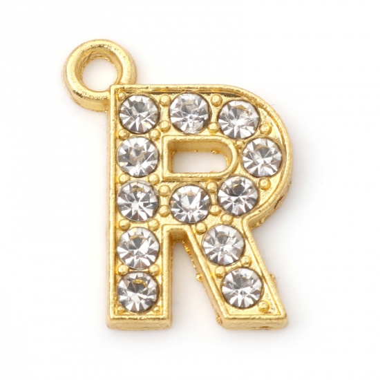 Picture of Zinc Based Alloy Micro Pave Charms Gold Plated Capital Alphabet/ Letter Message " R " Clear Rhinestone 17mm x 14mm, 10 PCs