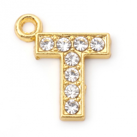Picture of Zinc Based Alloy Micro Pave Charms Gold Plated Capital Alphabet/ Letter Message " T " Clear Rhinestone 17mm x 15mm, 10 PCs