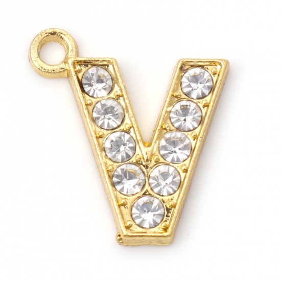 Picture of Zinc Based Alloy Micro Pave Charms Gold Plated Capital Alphabet/ Letter Message " V " Clear Rhinestone 16.5mm x 15mm, 10 PCs