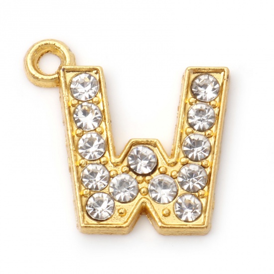 Picture of Zinc Based Alloy Micro Pave Charms Gold Plated Capital Alphabet/ Letter Message " W " Clear Rhinestone 17mm x 17mm, 10 PCs