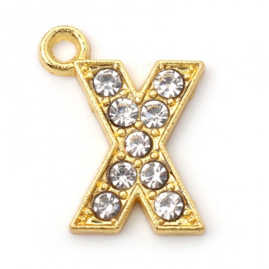 Picture of Zinc Based Alloy Micro Pave Charms Gold Plated Capital Alphabet/ Letter Message " X " Clear Rhinestone 17mm x 14mm, 10 PCs