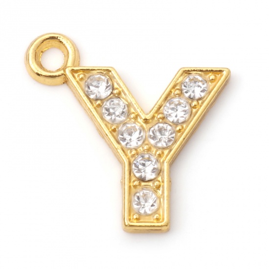 Picture of Zinc Based Alloy Micro Pave Charms Gold Plated Capital Alphabet/ Letter Message " Y " Clear Rhinestone 17mm x 16mm, 10 PCs