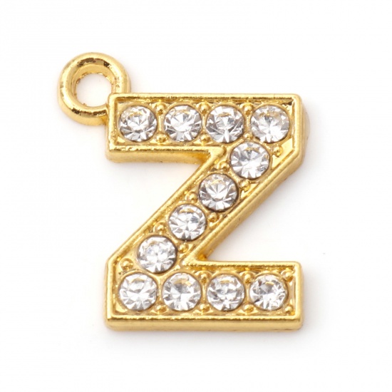 Picture of Zinc Based Alloy Micro Pave Charms Gold Plated Capital Alphabet/ Letter Message " Z " Clear Rhinestone 17mm x 15mm, 10 PCs
