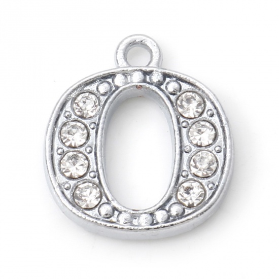 Picture of Zinc Based Alloy Micro Pave Charms Silver Tone Number Message " 0 " Clear Rhinestone 15mm x 13mm, 10 PCs