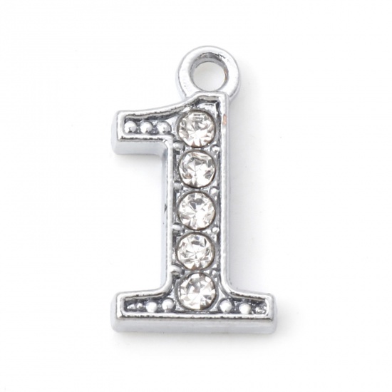 Picture of Zinc Based Alloy Micro Pave Charms Silver Tone Number Message " 1 " Clear Rhinestone 15mm x 8mm, 10 PCs