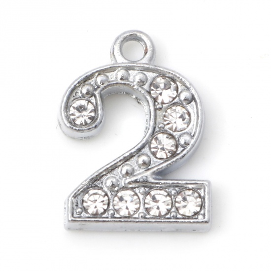 Picture of Zinc Based Alloy Micro Pave Charms Silver Tone Number Message " 2 " Clear Rhinestone 15mm x 11mm, 10 PCs