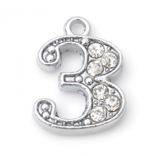 Picture of Zinc Based Alloy Micro Pave Charms Silver Tone Number Message " 3 " Clear Rhinestone 15mm x 11mm, 10 PCs