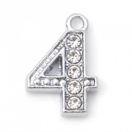 Picture of Zinc Based Alloy Micro Pave Charms Silver Tone Number Message " 4 " Clear Rhinestone 15mm x 10mm, 10 PCs
