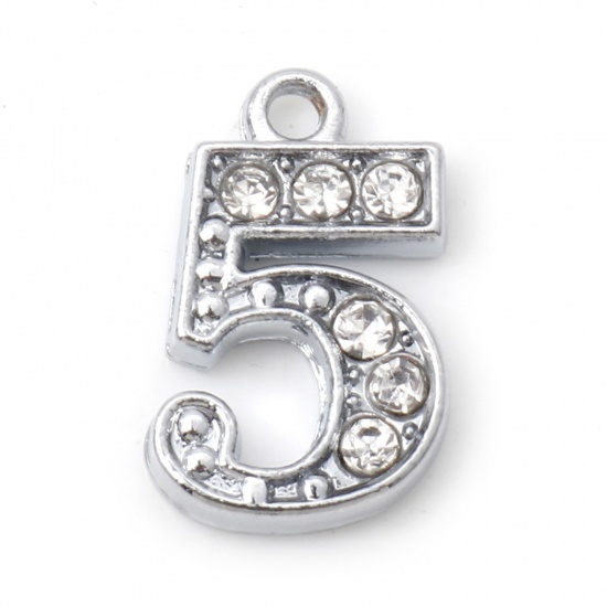 Picture of Zinc Based Alloy Micro Pave Charms Silver Tone Number Message " 5 " Clear Rhinestone 15mm x 9.5mm, 10 PCs