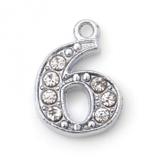 Picture of Zinc Based Alloy Micro Pave Charms Silver Tone Number Message " 6 " Clear Rhinestone 15mm x 11mm, 10 PCs