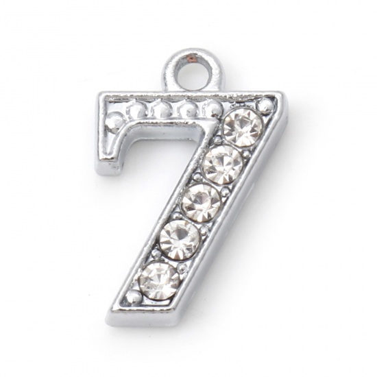 Picture of Zinc Based Alloy Micro Pave Charms Silver Tone Number Message " 7 " Clear Rhinestone 15mm x 10mm, 10 PCs