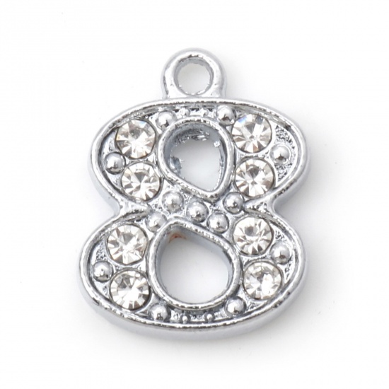 Picture of Zinc Based Alloy Micro Pave Charms Silver Tone Number Message " 8 " Clear Rhinestone 15mm x 11.5mm, 10 PCs