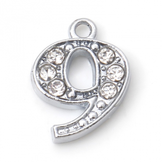 Picture of Zinc Based Alloy Micro Pave Charms Silver Tone Number Message " 9 " Clear Rhinestone 15mm x 11mm, 10 PCs