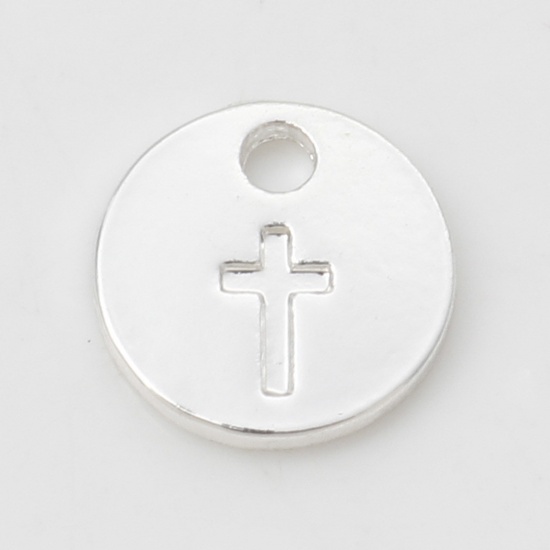 Picture of Zinc Based Alloy Religious Charms Silver Plated Round Cross 10mm Dia., 10 PCs