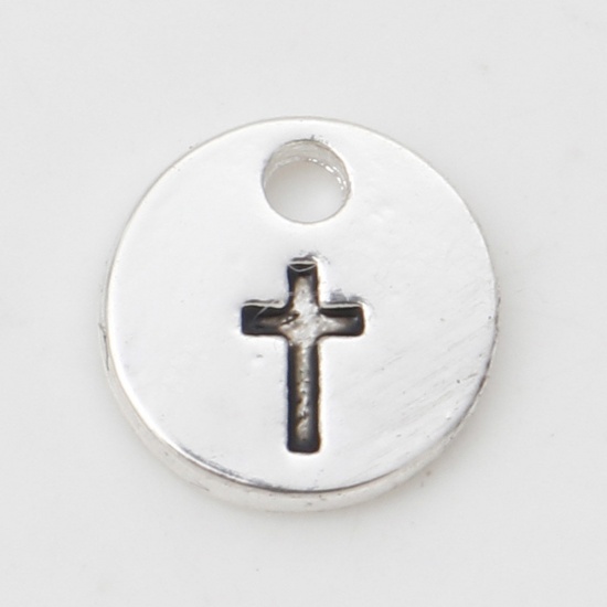Picture of Zinc Based Alloy Religious Charms Antique Silver Color Round Cross 10mm Dia., 10 PCs