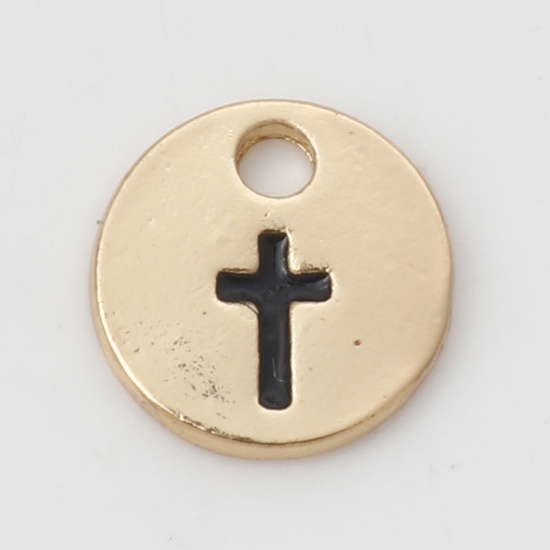 Picture of Zinc Based Alloy Religious Charms Gold Tone Antique Gold Round Cross 10mm Dia., 10 PCs