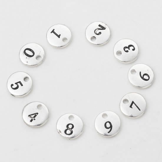 Picture of Zinc Based Alloy Charms Antique Silver Color Round Number Message " 0-9 " 10mm Dia., 1 Set ( 10 PCs/Set)