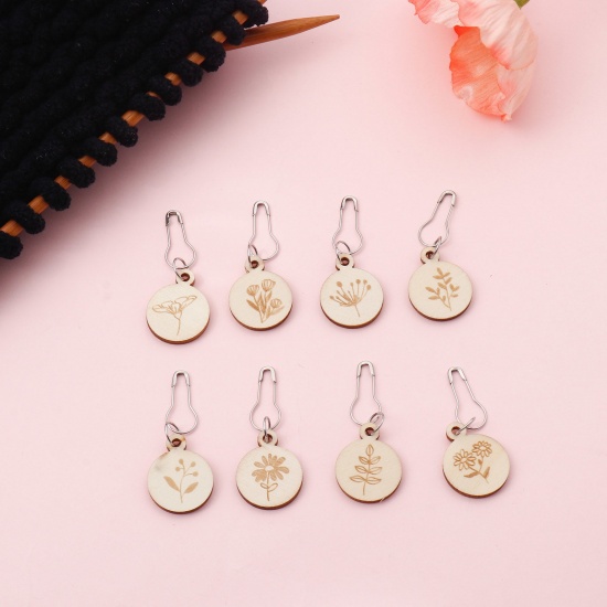 Picture of Zinc Based Alloy & Wood Knitting Stitch Markers Round Flower Creamy-White 5.1cm x 2cm, 1 Set ( 8 PCs/Set)
