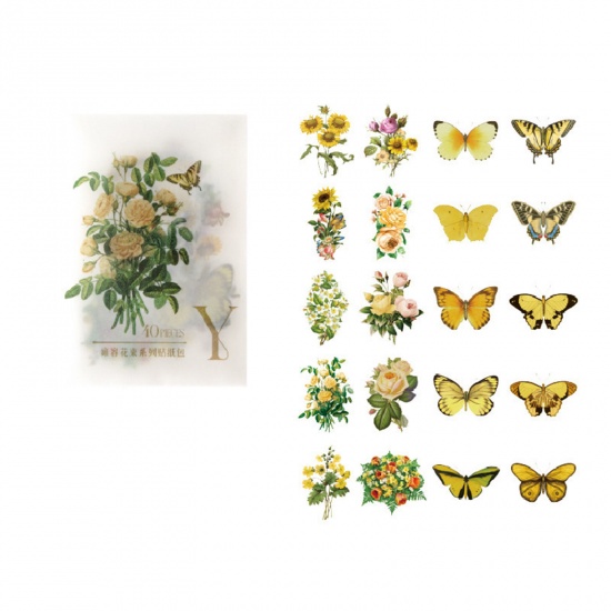 Immagine di PET Insetto DIY Decorazione Di Scrapbook Adesivi Giallo Farfalla Fiore 6cm x 4cm, 1 Serie ( 40 Pz/Serie)