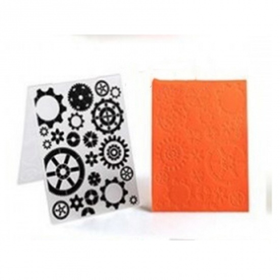 Picture of Plastic Embossing Folders Template Rectangle White Gear Pattern 14.8cm x 10.5cm, 1 Piece