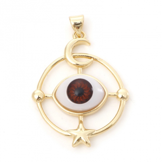 Picture of Brass Religious Pendants 18K Real Gold Plated Brown Round Evil Eye With Resin Cabochons 3.8cm x 2.6cm, 1 Piece