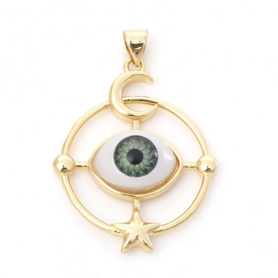 Picture of Brass Religious Pendants 18K Real Gold Plated Green Round Evil Eye With Resin Cabochons 3.8cm x 2.6cm, 1 Piece