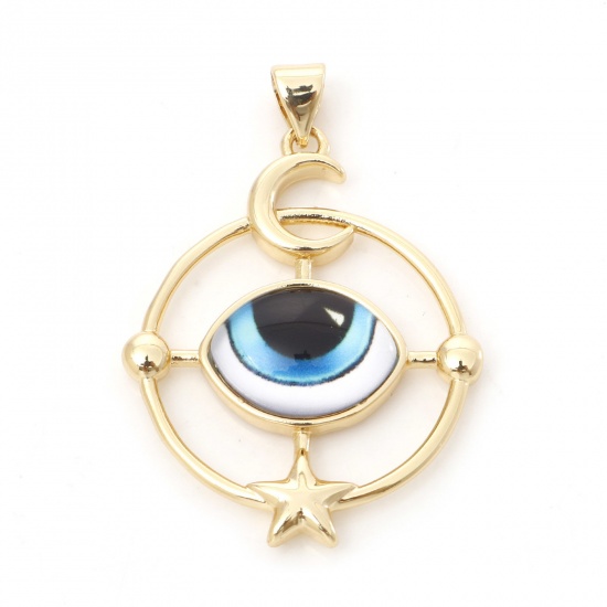 Picture of Brass Religious Pendants 18K Real Gold Plated Skyblue Round Evil Eye With Glass Cabochons 3.8cm x 2.6cm, 1 Piece