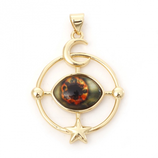 Picture of Brass Religious Pendants 18K Real Gold Plated Orange Round Evil Eye With Glass Cabochons 3.8cm x 2.6cm, 1 Piece