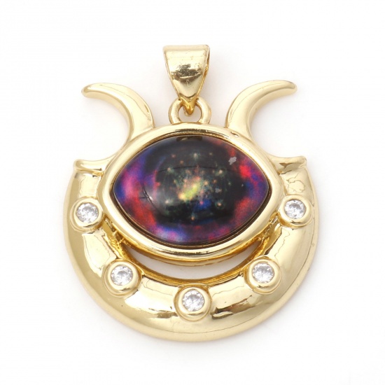 Image de 1 Pièce Pendentif Breloque Religieux en Laiton Forme de U Plaqué Or Véritable 18K Fuchsia Œil Mauvais Avec Cabochon en Verre 27mm x 22mm
