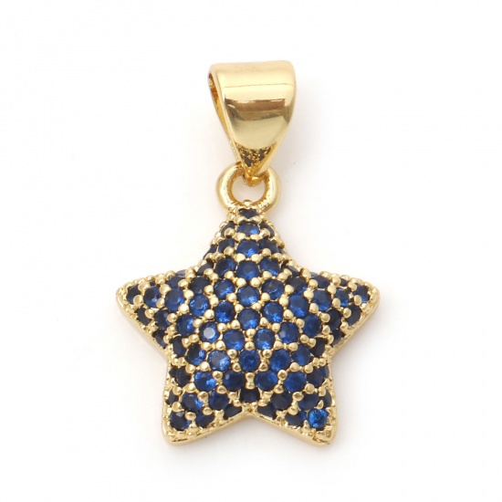 Immagine di 1 Pz Ottone Galassia Ciondoli Pendenti Stella a Cinque Punte 18K Vero Oro Placcato Micro Spianare Blu Cubic Zirconiae 19mm x 13mm