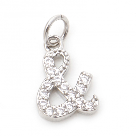 Picture of Brass Micro Pave Charms Real Platinum Plated Symbol Sign Ampersand " & " Clear Cubic Zirconia 13mm x 7mm, 1 Piece