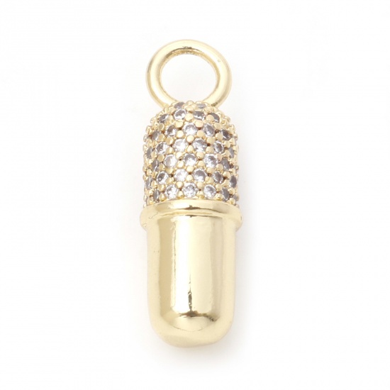 Picture of Brass Micro Pave Charms 18K Real Gold Plated Capsule Clear Cubic Zirconia 22mm x 7mm, 1 Piece