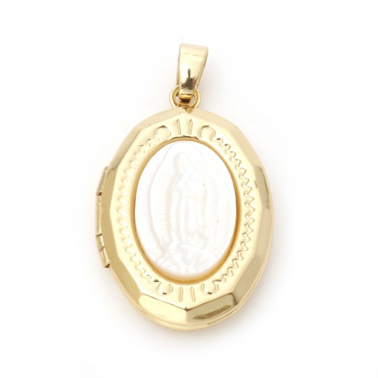 Bild von 1 Stück Messing Religiös Charm-Anhänger 18K Echtgold plattiert Oval Heilige Maria Mutter Gottes Zum Öffnen 29mm x 16mm