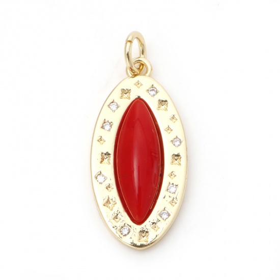 Picture of Brass Micro Pave Charms 18K Real Gold Plated Red Oval With Resin Cabochons Clear Cubic Zirconia 27mm x 11mm, 1 Piece