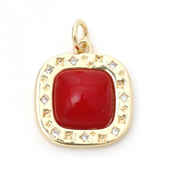 Picture of Brass Micro Pave Charms 18K Real Gold Plated Red Square With Resin Cabochons Clear Cubic Zirconia 21mm x 15mm, 1 Piece