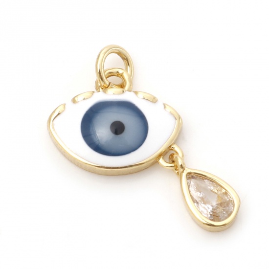 Picture of Brass Religious Charms 18K Real Gold Plated White & Dark Blue Eye Evil Eye Enamel 17mm x 11mm, 1 Piece