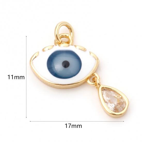 Picture of Brass Religious Charms 18K Real Gold Plated White & Dark Blue Eye Evil Eye Enamel 17mm x 11mm, 1 Piece