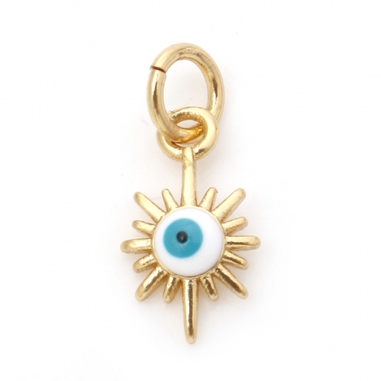 Picture of Brass Religious Charms 18K Real Gold Plated White & Blue Star Evil Eye Enamel 15mm x 7mm, 1 Piece