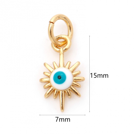 Picture of Brass Religious Charms 18K Real Gold Plated White & Blue Star Evil Eye Enamel 15mm x 7mm, 1 Piece