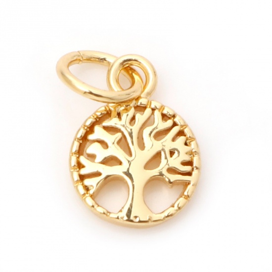 Picture of Brass Charms 18K Real Gold Plated Round Tree of Life Hollow 14mm x 7mm, 1 Piece