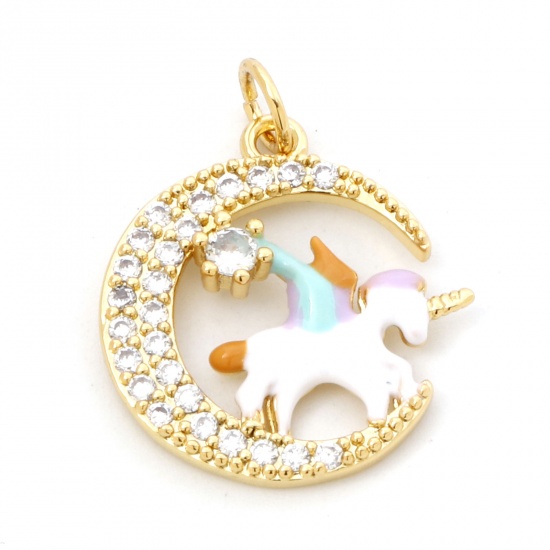 Picture of Brass Charms 18K Real Gold Plated Multicolor Horse Animal Moon Enamel Clear Cubic Zirconia 23mm x 18mm, 1 Piece