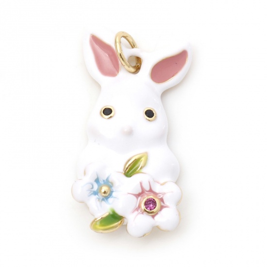 Picture of Brass Charms 18K Real Gold Plated White & Pink Rabbit Animal Flower Enamel 26mm x 13mm, 1 Piece