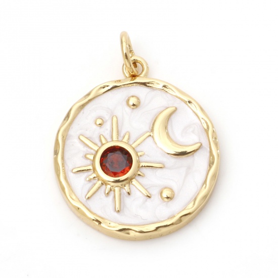 Picture of Brass Galaxy Charms 18K Real Gold Plated White Round Sun & Moon Enamel Red Cubic Zirconia 24mm x 18mm, 1 Piece