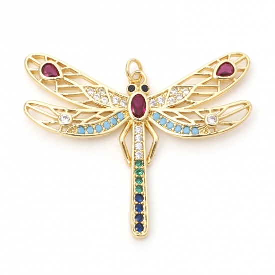 Picture of Brass Micro Pave Pendants 18K Real Gold Plated Dragonfly Animal Hollow Multicolour Cubic Zirconia 4.5cm x 3.7cm, 1 Piece