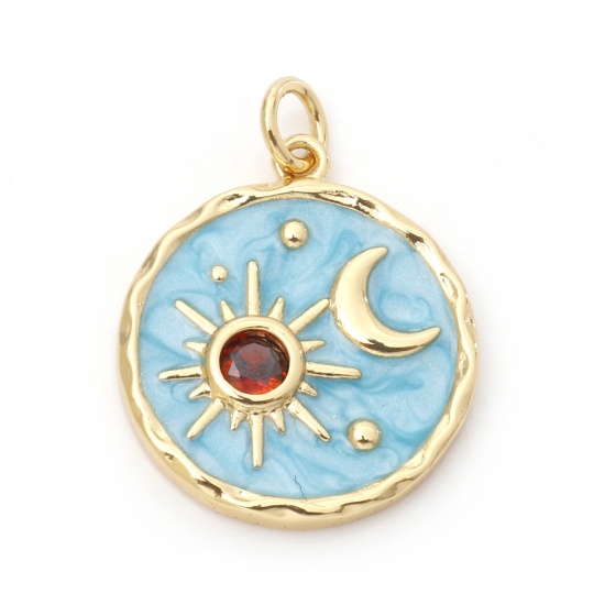 Picture of Brass Galaxy Charms 18K Real Gold Plated Blue Round Sun & Moon Enamel Red Cubic Zirconia 24mm x 18mm, 1 Piece