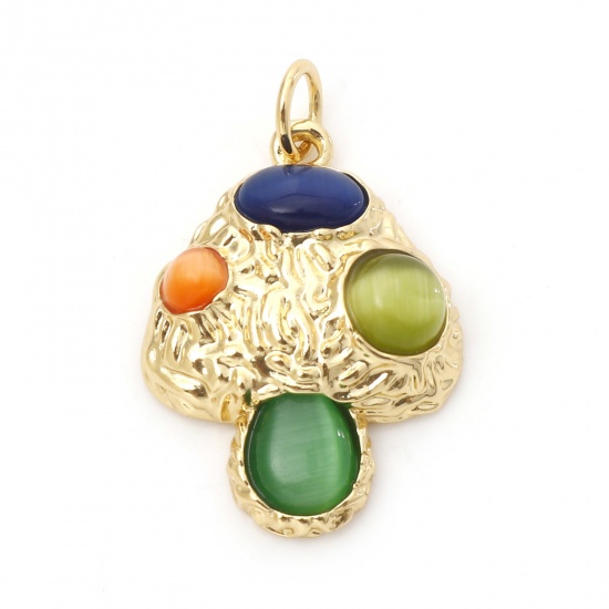 Picture of Brass Charms 18K Real Gold Plated Multicolor Mushroom Cat's Eye Imitation 25mm x 16mm, 1 Piece