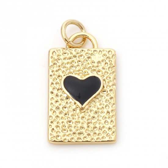 Picture of Brass Valentine's Day Charms 18K Real Gold Plated Black Rectangle Heart Enamel 23mm x 11mm, 1 Piece